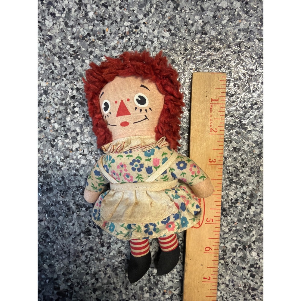 Vintage Knickerbocker Raggedy Ann 7" Plush Rag Doll Floral Dress Striped Legs